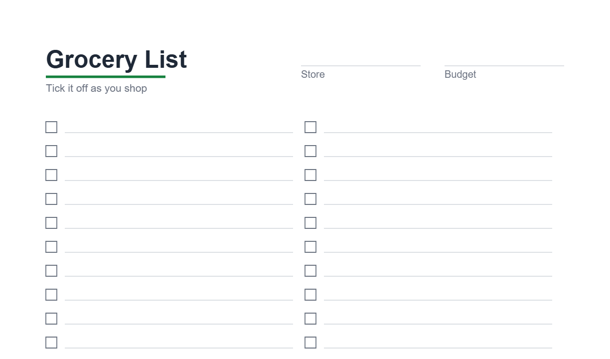 Preview of the Grocery List printable