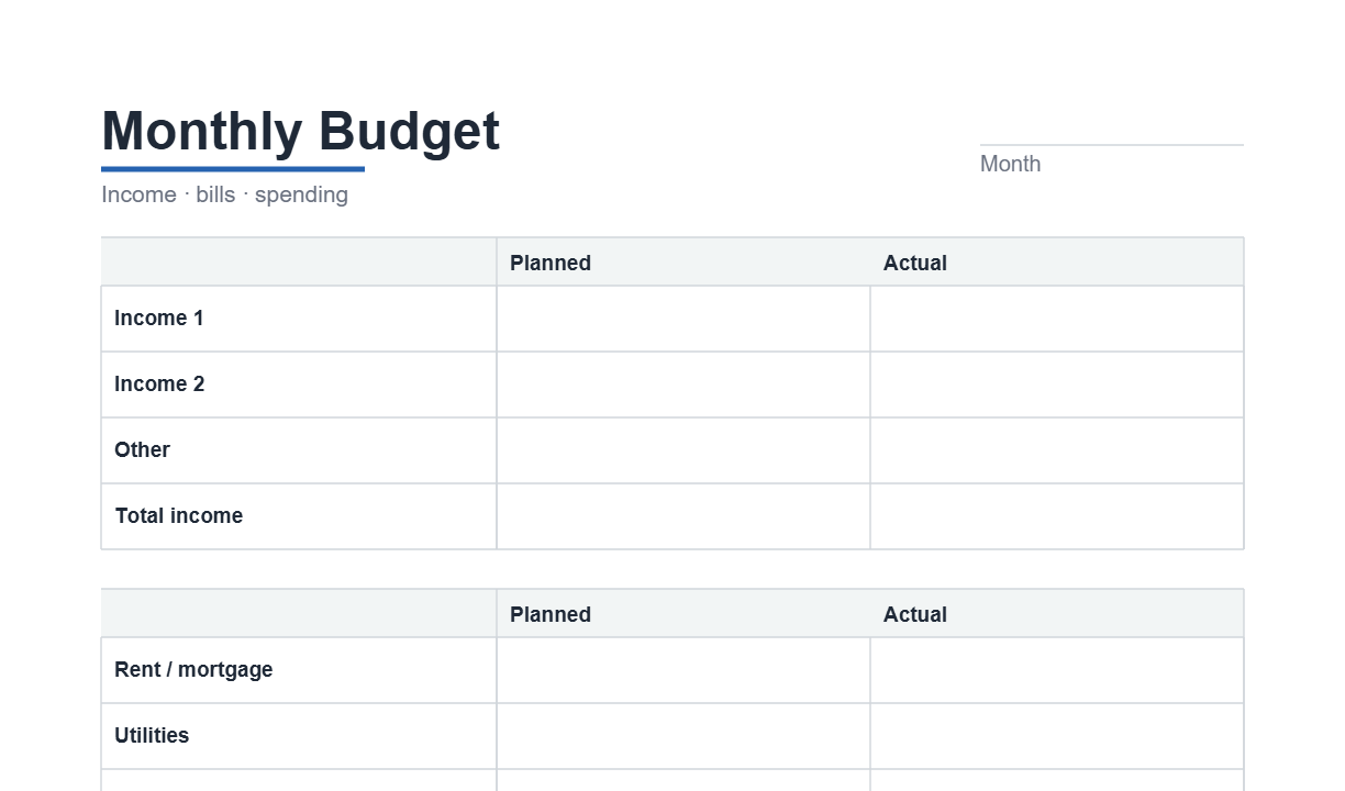 Preview of the Monthly Budget printable