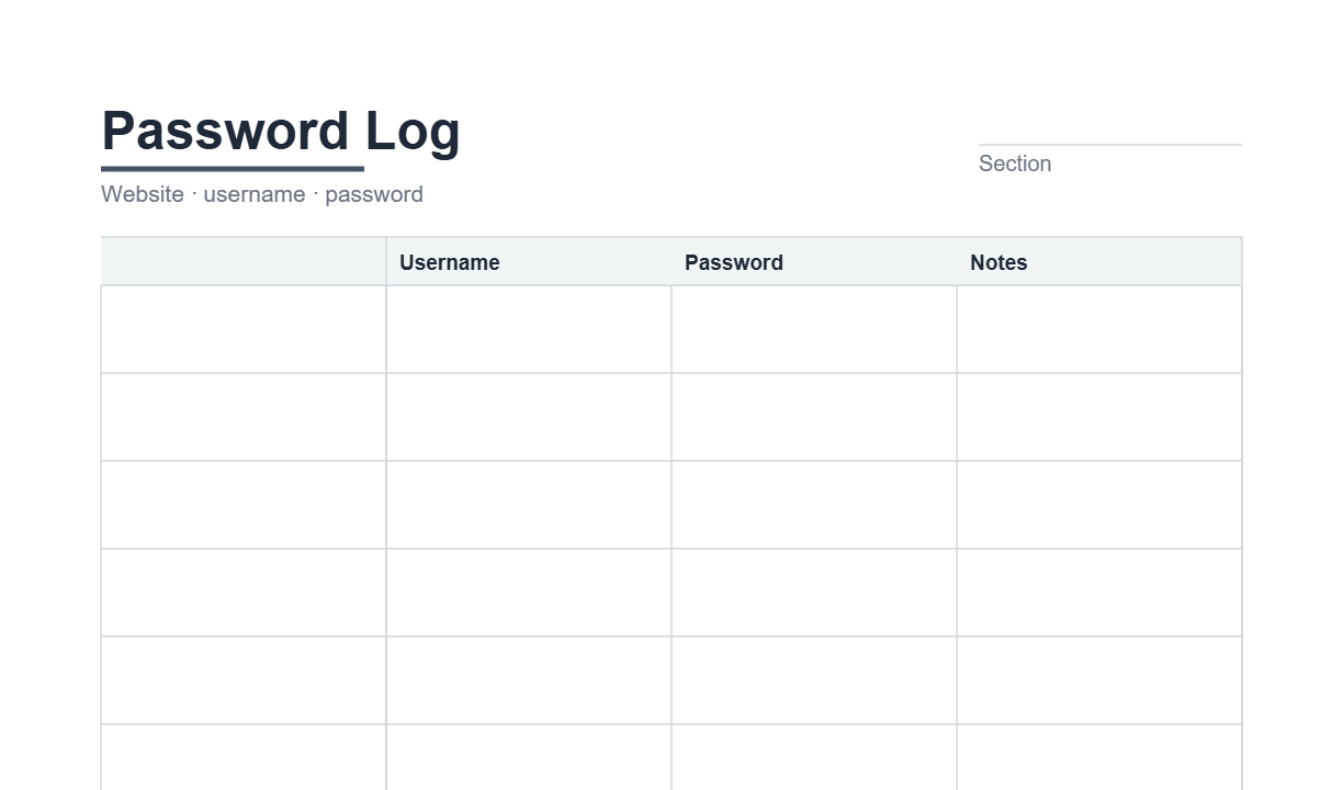 Preview of the Password Log printable