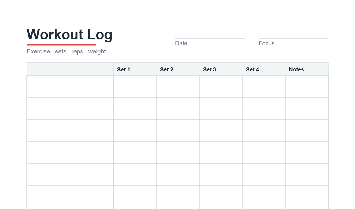 Preview of the Workout Log printable